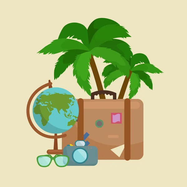 Maleta de viaje para viaje o vocación, icono del turismo equipaje para viaje, ilustración vectorial. Vocaciones de verano concepto turístico, etiqueta etiqueta de embalaje en maleta de viaje — Archivo Imágenes Vectoriales