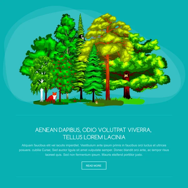 Bosque árboles verdes en el arbusto de hierba en el fondo del paisaje de verano. Elementos de diseño paisajístico de la naturaleza aislados con árboles verdes, matorrales y animales. Ecología aislada árboles de madera natural conjunto vector . — Vector de stock