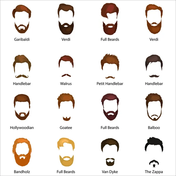 Mans conjunto de pelo de barbas y bigotes vector. Estilo Hipster barbas de moda y cabello ilustración aislada. Peinado de la gente icono, colección de barbas y bigotes para barbería . — Archivo Imágenes Vectoriales