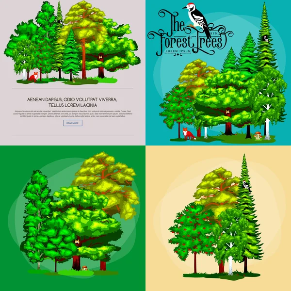 Arbres verts forestiers sur la brousse d'herbe en arrière-plan paysage d'été. Nature éléments de conception paysagère isolés avec des arbres verts, herbe brousse et animaux. Écologie isolée arbres de bois naturel ensemble vecteur . — Image vectorielle