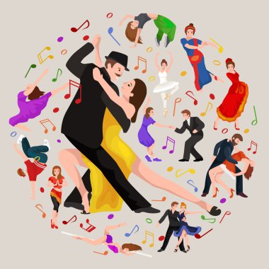 Dans insanlar, dansçı Bachata, Hiphop, Salsa, Hint, bale, şerit, Rock and Roll, mola, flamenko, Tango, çağdaş, oryantal dans sembol simge. Tasarım kavramı kümesi tarzı dans