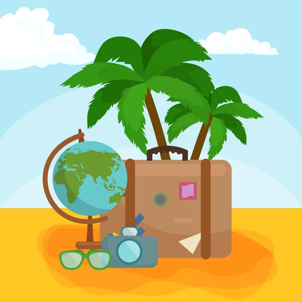 Reser väska resväska för resa eller kallelse, turism ikonen bagage för resan, vektor illustration. Sommaren vocations turist koncept, förpackning etiketten klistermärke på resa väska resväska — Stock vektor