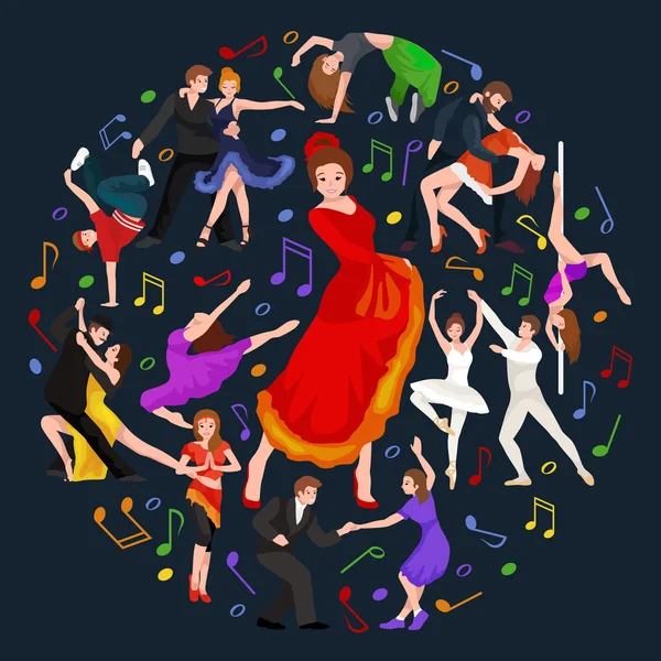 Flicka flamencodansare i röd klänning, spanska vacker dans, Spanien ung kvinna, dansande par, glad sexig kvinna dansar flamenco, spanska flickan vektor illustration isolerade på vit — Stock vektor