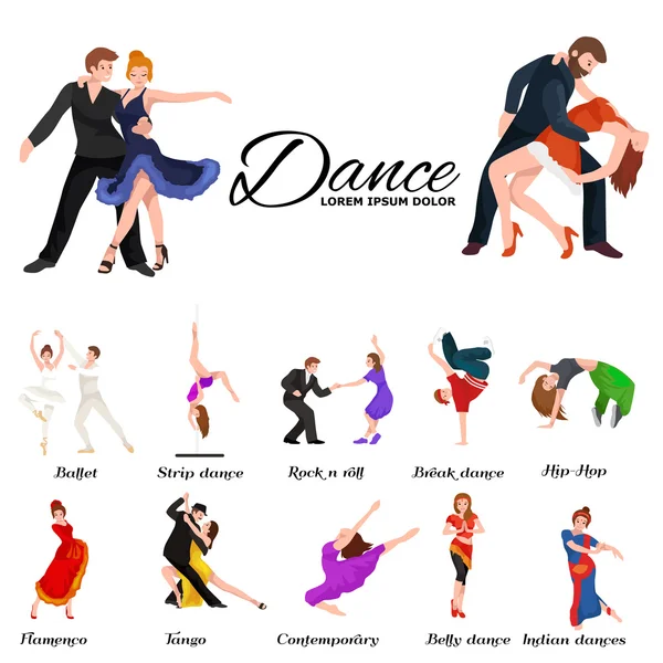 Bailarines, Bailarín Bachata, Hiphop, Salsa, India, Ballet, Strip, Rock and Roll, Break, Flamenco, Tango, Contemporáneo, Danza del Vientre Pictograma Icono. Set de concepto de estilo de baile de diseño — Archivo Imágenes Vectoriales