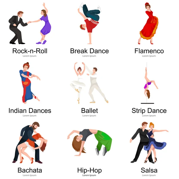 Dancing People, Dancer Fabata, Hip hop, Salsa, Indian, Fut, Strip, Rock and Mode, Break, Fenco, Tango, Contemporary, Belly Dance Pictogram Icon. Танцевальный стиль набора концепций дизайна — стоковый вектор