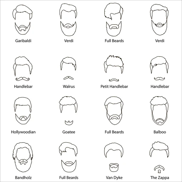 男性は、ひげと口ひげを持つヘアスタイルを漫画します。白い背景の上の隔離された流行に敏感なヘアスタイルとベクトル図. — ストックベクタ