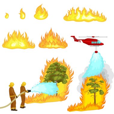 Koruyucu giysi ve kask helikopter ile itfaiye su hortumlar tehlikeli orman yangını ile söndürmek. Adam savaşçı ve kurtarma helikopteri orman manzara hasar vektör yangın söndürüldü