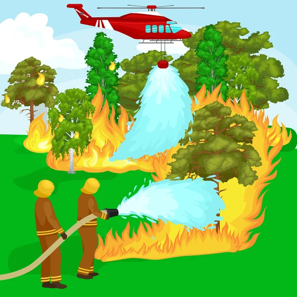 Brandweerlieden in beschermende kleding en helm met helikopter blussen met water uit de slangen gevaarlijke wildvuur. Man vechter en rescue helikopter blussen van de brand in het bos landschap schade vector — Stockvector