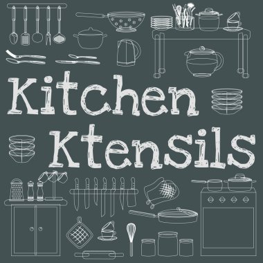 Mutfak eşyaları simgeler kümesi vektör. Çizgi film mutfak kap koleksiyonu kaşık pot gıda bıçak çatal Kupası tava spatula Kepçe tabak çanak kase kevgir çırpma teli rende. Pişirme ekipmanları çelik mutfak ev çatal bıçak takımı