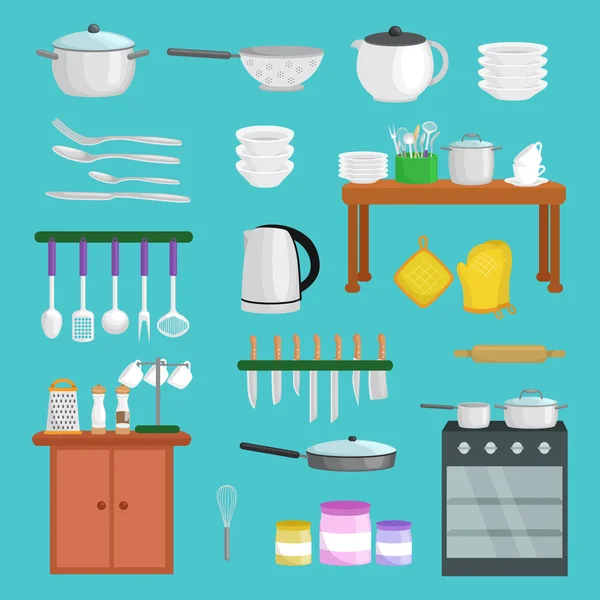 Keukengerei iconen vector set. Cartoon keuken gebruiksvoorwerp collectie lepel pot eten mes vork cup pan spatel pollepel plaat schotel kom vergiet garde rasp. Stalen keuken huishoudelijke bestek, keuken apparatuur — Stockvector