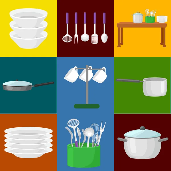 Juego de vectores de iconos de utensilios de cocina. Cuchara de recolección de utensilios de cocina de dibujos animados cuchillo de comida olla tenedor taza sartén espátula plato plato plato colador batidor gráter. Cubertería de cocina de acero, equipo de cocina — Archivo Imágenes Vectoriales