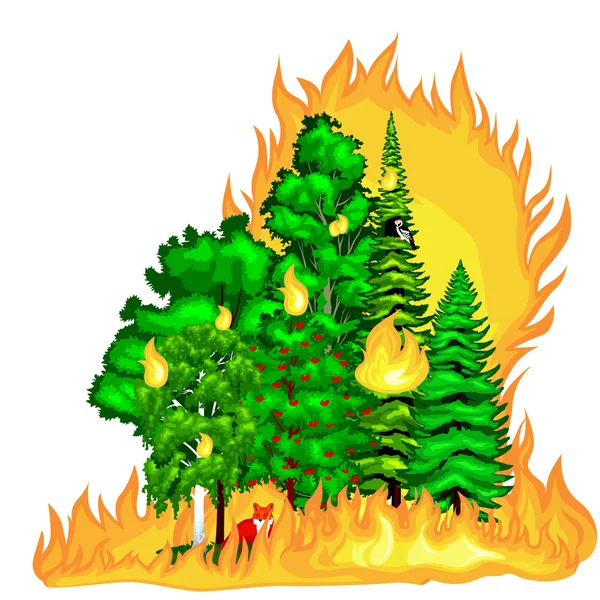 Incendio forestal, incendio en el paisaje forestal, desastre ecológico de la naturaleza, árboles ardientes calientes, llama de fuego forestal de peligro con humo, ilustración del vector de fondo de madera ardiente. — Archivo Imágenes Vectoriales