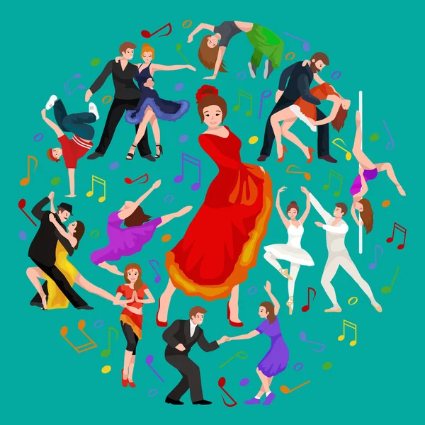 Flicka flamencodansare i röd klänning, spanska vacker dans, Spanien ung kvinna, dansande par, glad sexig kvinna dansar flamenco, spanska flickan vektor illustration isolerade på vit — Stock vektor