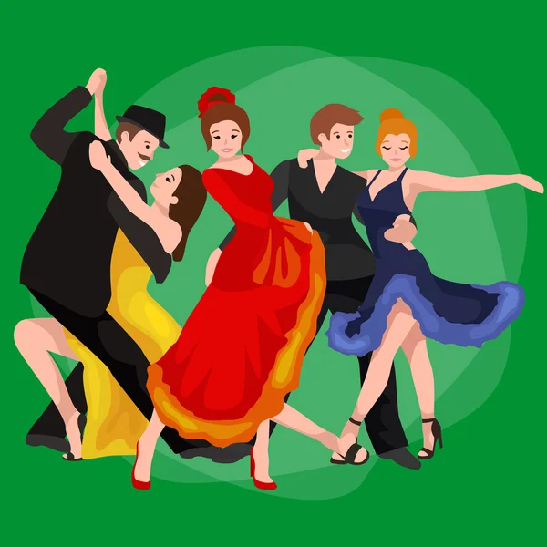 Bailarina flamenca en traje rojo, hermosa danza española, mujer joven española, Parejas bailando, mujer sexy feliz bailando flamenco, ilustración vectorial española aislada en blanco — Archivo Imágenes Vectoriales