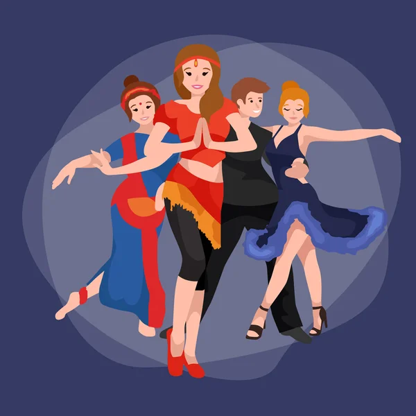 Groep van dansende mensen, Yong gelukkig man en vrouw dansen samen en in een paar, meisje sport danser, gelukkige jongen, dans achtergrond vector illustratie pictogram geïsoleerd — Stockvector