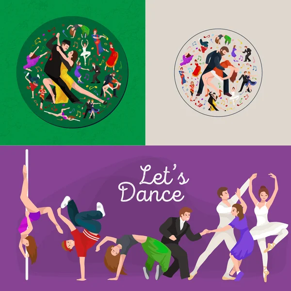 Bailarines, Bailarín Bachata, Hiphop, Salsa, India, Ballet, Strip, Rock and Roll, Break, Flamenco, Tango, Contemporáneo, Danza del Vientre Pictograma Icono. Set de concepto de estilo de baile de diseño — Vector de stock