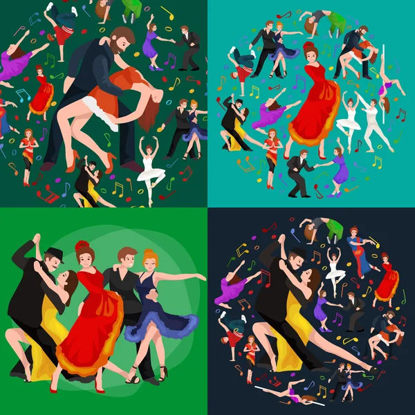 Bailarines, Bailarín Bachata, Hiphop, Salsa, India, Ballet, Strip, Rock and Roll, Break, Flamenco, Tango, Contemporáneo, Danza del Vientre Pictograma Icono. Set de concepto de estilo de baile de diseño — Vector de stock