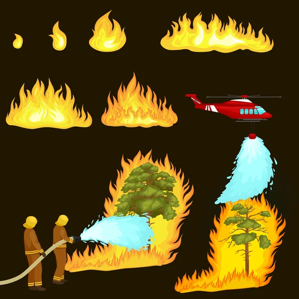 消防员防护服和头盔的直升机用水从软管危险森林火灾扑灭。男人战斗机和救援直升机把火扑灭了森林景观破坏向量中 — 图库矢量图片