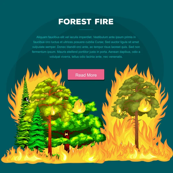 Incendio forestal, incendio en el paisaje forestal, desastre ecológico de la naturaleza, árboles ardientes calientes, llama de fuego forestal de peligro con humo, ilustración del vector de fondo de madera ardiente. — Archivo Imágenes Vectoriales