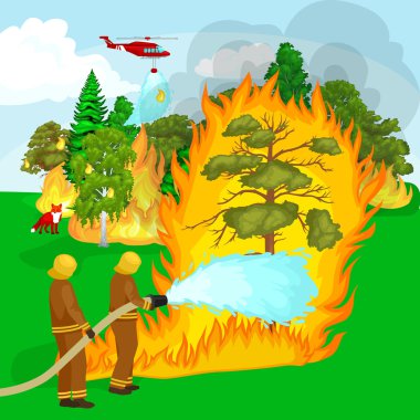 Koruyucu giysi ve kask helikopter ile itfaiye su hortumlar tehlikeli orman yangını ile söndürmek. Adam savaşçı ve kurtarma helikopteri orman manzara hasar vektör yangın söndürüldü
