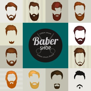Saç sakal ve bıyık vektör kümesi mans. Hippi tarzı moda sakal ve saç illüstrasyon izole. İnsanların saç modeli simgesi, sakal ve bıyık berber dükkanı için koleksiyonu. Saç kesimi Kuaför mans