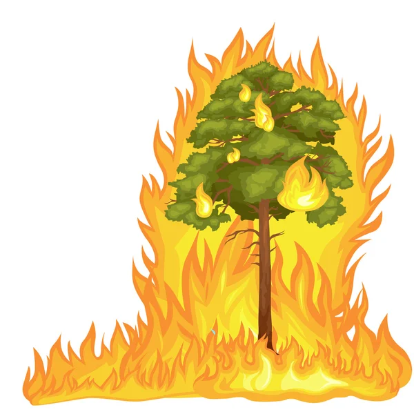 Incendio forestal, incendio en el paisaje forestal, desastre ecológico de la naturaleza, árboles ardientes calientes, llama de fuego forestal de peligro con humo, ilustración del vector de fondo de madera ardiente. — Vector de stock