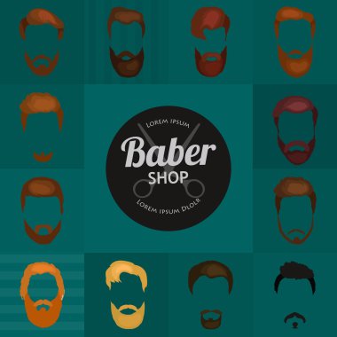 Son moda saç kesimi türleri Kuaför salonu için mans. İzole topluluğu sakalları tasarımı, saç baş varisi ve bıyık mans. Hippi saç ve sakalları, moda vektör çizim seti. Saç, sakal modeli