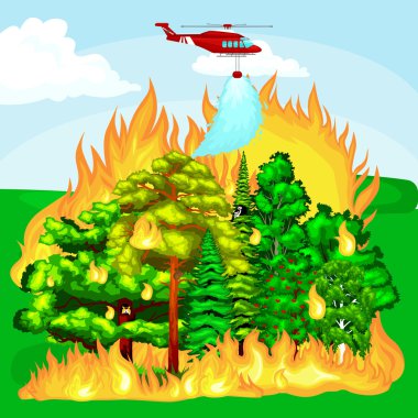 Orman yangın, orman manzara hasar, doğa ekoloji felaket, yangında yanan ağaçlar, tehlike orman ateş etmek duman, blaze ahşap arka plan vektör çizim ile sıcak. Yanan ağaç kırmızı ve turuncu