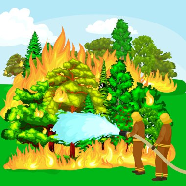 Koruyucu giysi ve kask helikopter ile itfaiye su hortumlar tehlikeli orman yangını ile söndürmek. Adam savaşçı ve kurtarma helikopteri orman manzara hasar vektör yangın söndürüldü