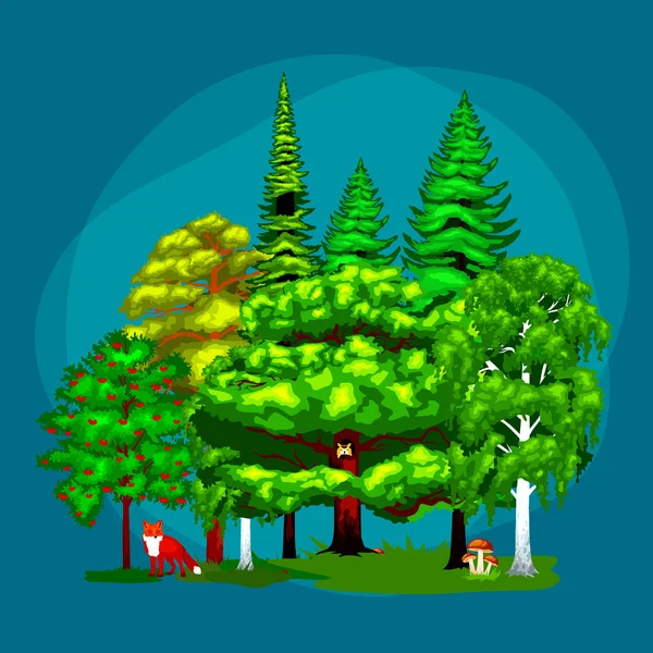Літнє зелене лісове дерево і дрібні тварини в дикій природі. Мультфільм Векторний набір дерев у відкритому парку. Відкриті дерева в парку з гілками, листям і листям. Лісові рослини і тварини . — стоковий вектор