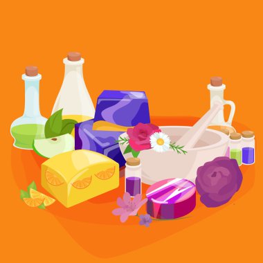 Ev yapımı Bar Sabunlar, çiçek ve uçucu yağ. Vector Icons set