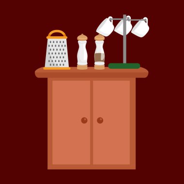 tuz ve biber, kupa ve rende masa mutfak eşyaları simgeler vektör üzerinde ayarlama, pişirme ekipmanları, karikatür mutfak malzemesi, iç pişirme araçları, çelik mutfak ev bıçakları