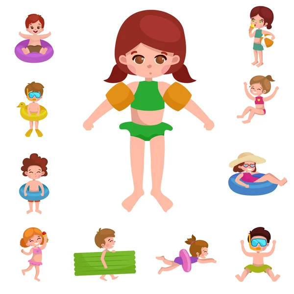 Girl and boy in swimsuit isolated, kids summer vacation — Stock Vector