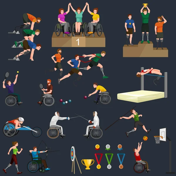 Desactivar Handicap Deporte Juegos Paralímpicos Stick Figura Pictograma iconos — Archivo Imágenes Vectoriales