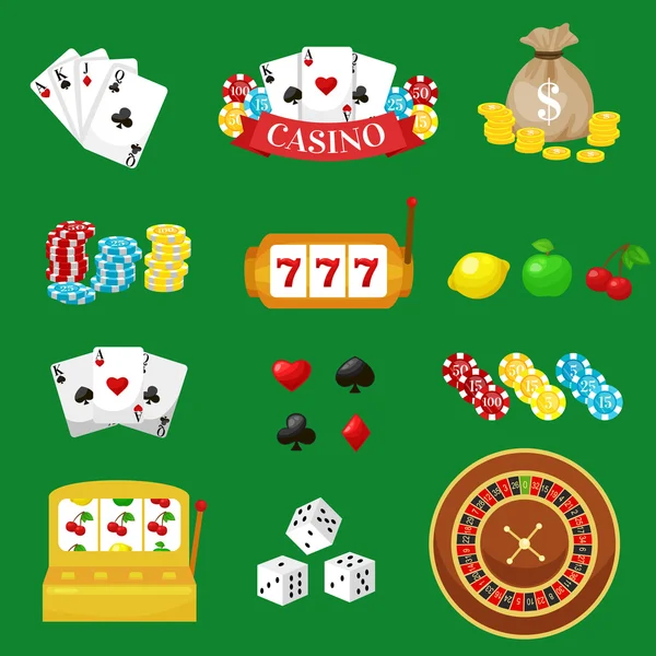 Jeu de pictogrammes réglé. Jeu de cartes et casino, jeu de poker, jeu audacieux, illustration vectorielle de dés ace — Image vectorielle