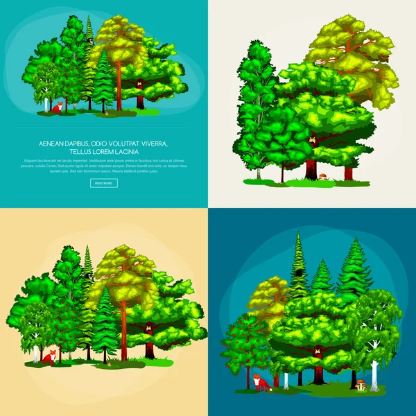 Bosque árboles verdes en el arbusto de hierba en el fondo del paisaje de verano. Elementos de diseño paisajístico de la naturaleza aislados con árboles verdes, matorrales y animales. Ecología aislada árboles de madera natural conjunto vector . — Vector de stock