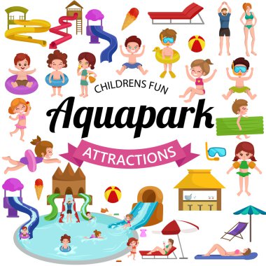 Su kaydıraklı Aquapark Bahçesi ve sıçrama pads için aile eğlence illüstrasyon vektör.