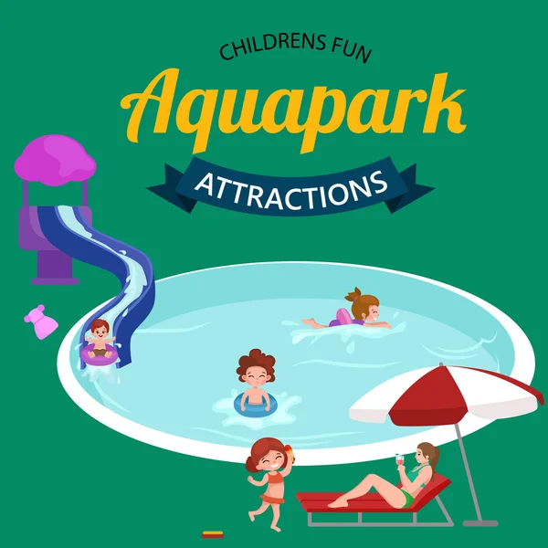 Water aquapark speeltuin met glijbanen en plons pads voor familieplezier vector illustratie. — Stockvector