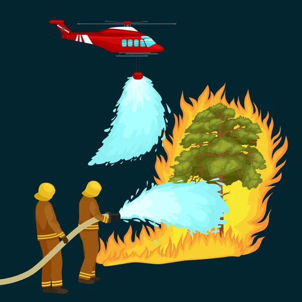 Bomberos en ropa protectora y casco con helicóptero extinguir con agua de mangueras peligroso wildfire.Man caza y helicóptero de rescate apagar el fuego en el paisaje forestal vector daño — Vector de stock