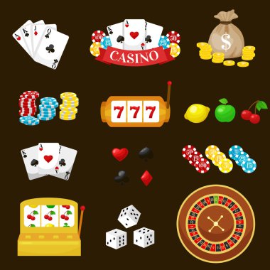 Sembollerin kumar ayarlayın. İskambil poker, maceraperest oyunu, zar ace vektör çizim güverte kartları ve casino,