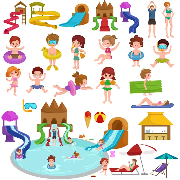 Parco giochi acquatico con scivoli e splash pad per illustrazione vettoriale divertente per la famiglia . — Vettoriale Stock