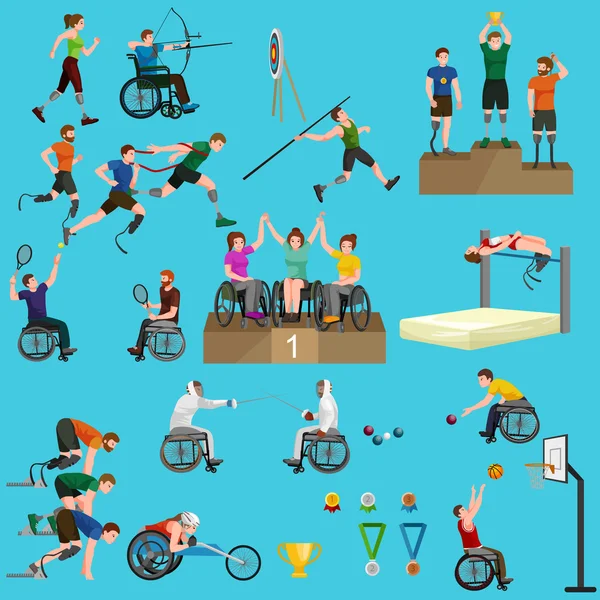 Sport for people with prosthesis, physical activity and competition  invalid, disabled athletic game isolated concept — Stock Vector