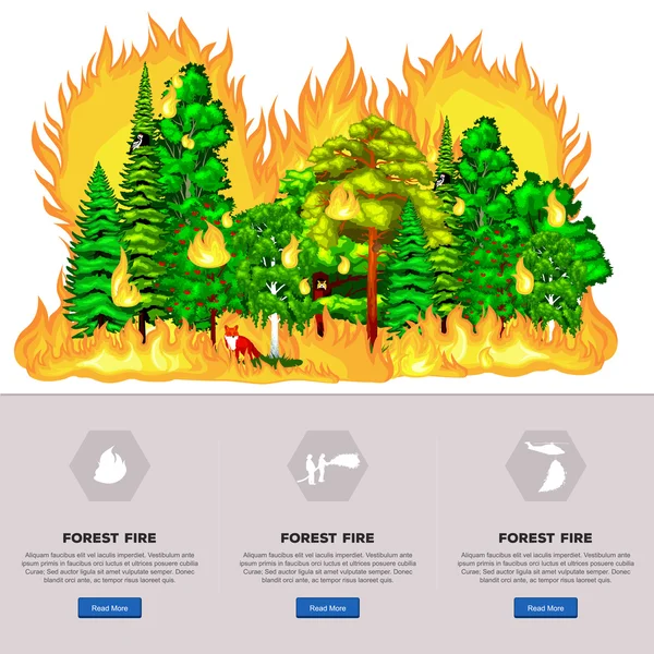 Fuego Forestal, Árbol ardiente de fuego silvestre en color rojo y naranja por la noche . — Archivo Imágenes Vectoriales
