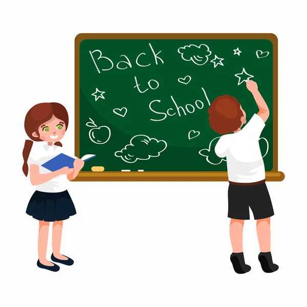 Tillbaka till skolan bakgrund, lilla flicka och pojke med skolböcker skriva på tavlan för tillbaka till skolan konceptet banner eller kort vektor illustration. — Stock vektor