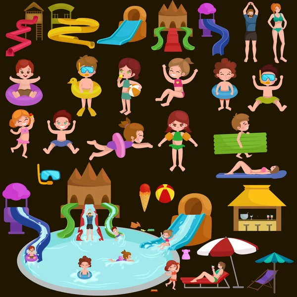 Wasseraquapark-Spielplatz mit Rutschen und Planschbecken für Familien-Spaß-Vektor-Illustration. — Stockvektor
