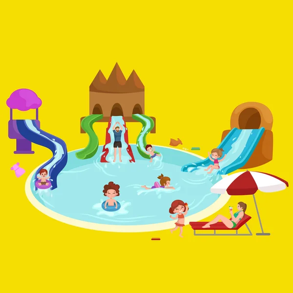 Apă aquapark loc de joacă cu tobogane și tampoane de stropire pentru ilustrații vectoriale distractive de familie . — Vector de stoc