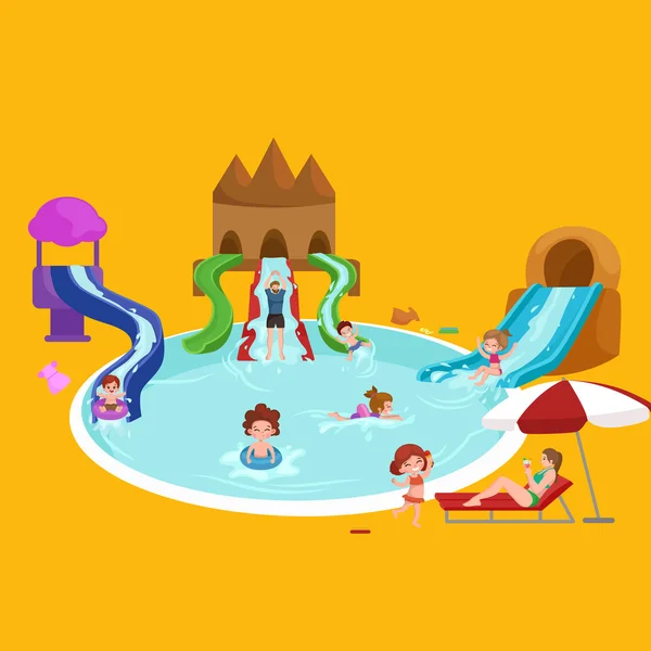 Woda Park wodny plac zabaw ze zjeżdżalniami i odrobina klocki do rodzinnej zabawy ilustracja wektorowa. — Wektor stockowy