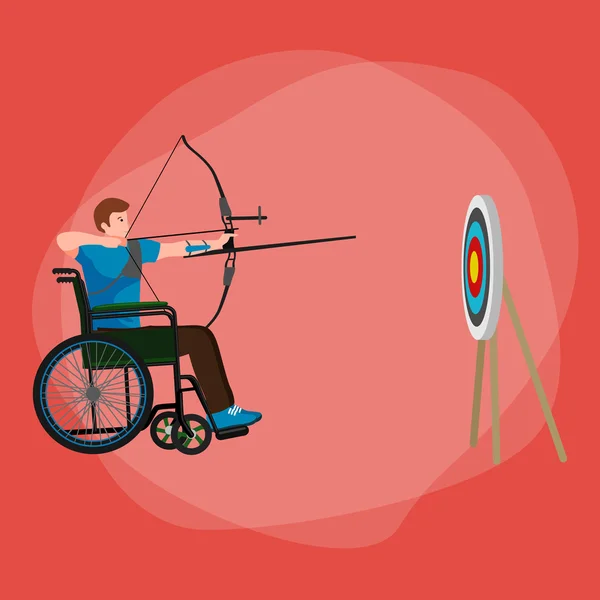 Mensen met een handicap op rolstoel beoogt en schiet een boog, handicap sport — Stockvector