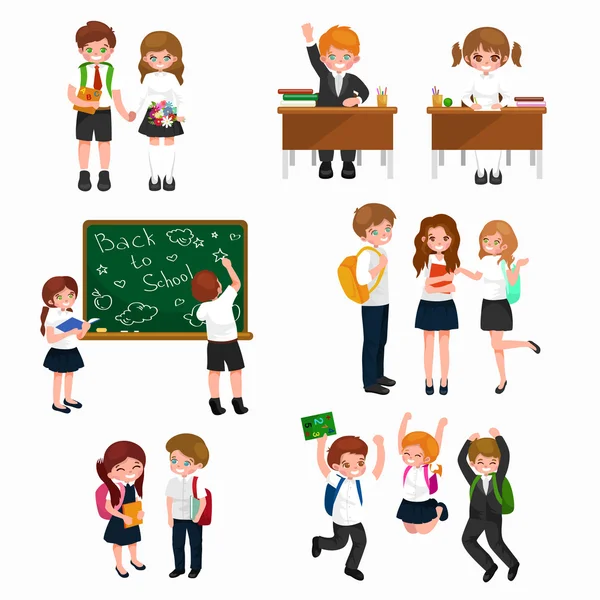 Ilustración vectorial de niños felices haciendo diferentes actividades divertidas en la escuela como pintar, estudiar, aprender y saltar — Vector de stock