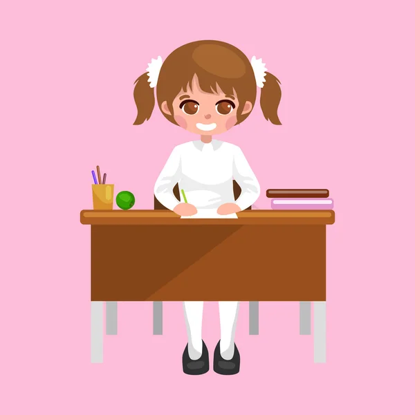 Niña sentada en la mesa con cuadernos y libros, aprendiendo de nuevo al concepto de la escuela — Vector de stock